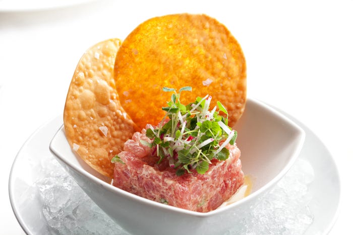 Sorellina signature dishes Maccheroncelli with Wagyu Meatballs, Tuna Tartare, Halibut, Classic Tiramisu